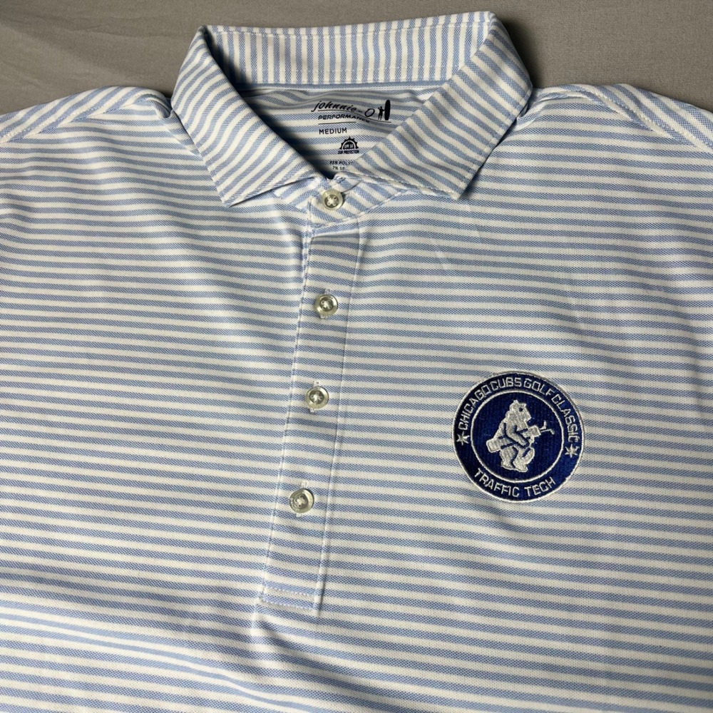 Johnnie-O Performance Polo Shirt Mens Medium Blue White Stripe Chicago Cubs Golf